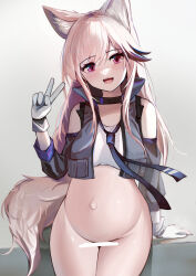 Rule 34 | 1girl, :d, animal ears, arknights, bar censor, bare shoulders, big belly, black pantyhose, black vest, blonde hair, blush, bottomless, cardigan (arknights), censored, collar, cowboy shot, crop top, cropped vest, detached sleeves, dog ears, dog girl, dog tail, gloves, highres, krirk, long hair, long sleeves, looking at viewer, navel, open clothes, open mouth, open vest, pantyhose, pregnant, purple eyes, smile, solo, tail, v, very long hair, vest, white gloves
