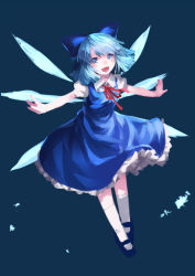 Rule 34 | 1girl, :d, blue background, blue eyes, blue hair, bow, cirno, dress, fang, female focus, full body, hair bow, highres, junwool, mary janes, matching hair/eyes, open mouth, outstretched arms, shoes, short hair, simple background, smile, solo, spread arms, touhou, wings