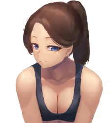 Rule 34 | 1girl, bare shoulders, blue eyes, breasts, brown hair, cleavage, downblouse, large breasts, looking at viewer, medium hair, original, ponytail, ranma (kamenrideroz), simple background, smile, solo, sports bra, upper body, white background