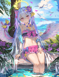 Rule 34 | 1girl, al guang, angel wings, azusa (blue archive), azusa (swimsuit) (blue archive), beach, bikini, black bikini, blue archive, blush, bow, breasts, closed mouth, day, feathered wings, feet out of frame, flower, frilled bikini, frills, grey hair, hair between eyes, hair flower, hair ornament, halo, highres, long hair, looking at viewer, ocean, official alternate costume, outdoors, pink bikini, pink bow, pink eyes, purple bow, purple flower, small breasts, smile, solo, swimsuit, water, white wings, wings, yellow halo