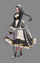 Rule 34 | 1girl, absurdres, apron, arm support, black dress, black hair, black survival, boots, braid, breasts, closed mouth, dress, frills, full body, gatan, glasses, gloves, grey background, grey eyes, grey footwear, high heel boots, high heels, highres, holding, holding weapon, large breasts, long braid, long dress, long hair, maid, maid apron, maid headdress, original, single braid, single sidelock, standing, weapon, white gloves, white neckwear, wide sleeves