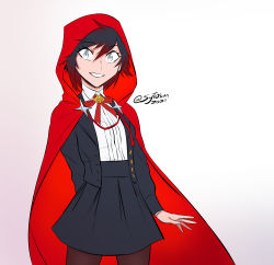 Rule 34 | 1girl, absurdres, alternate costume, arm behind back, black jacket, black skirt, bow, bowtie, brown pantyhose, cape, grey eyes, highres, hood, hooded cape, jacket, looking at viewer, multicolored hair, open clothes, open hand, open jacket, open mouth, pantyhose, red bow, red bowtie, red cape, ruby rose, rwby, school uniform, shirt, signature, simple background, skirt, smile, solo, sytokun, tassel, uniform, white background, white shirt