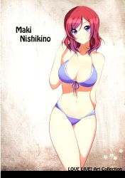 Rule 34 | 1girl, absurdres, bare shoulders, bikini, breasts, cleavage, collarbone, flower, front-tie bikini top, front-tie top, highres, large breasts, long hair, looking at viewer, love live!, love live! school idol project, mataro (matarou), navel, nishikino maki, purple eyes, red hair, scan, simple background, solo, swimsuit