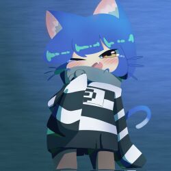 Rule 34 | 1other, animal ears, blue hair, blush, cat ears, covering own mouth, fang, hand over own mouth, highres, niko (oneshot), one eye closed, oneshot (game), open mouth, pbj6541, shirt, striped clothes, striped shirt, whiskers