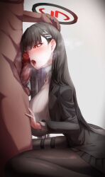 Rule 34 | 1boy, 1girl, absurdres, black hair, black pantyhose, black skirt, blue archive, blush, breasts, formal, hair ornament, hairpin, halo, highres, large breasts, long hair, long sleeves, open mouth, pantyhose, penis, pleated skirt, red eyes, ribbed sweater, rio (blue archive), simple background, skirt, suit, sweater, tongue, tongue out, white background, white sweater, yukiru akitera