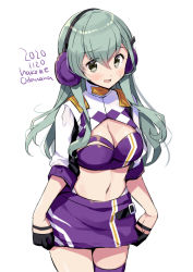 Rule 34 | 1girl, bandeau, black gloves, blush, breasts, cleavage, cowboy shot, cropped jacket, dated, gloves, green eyes, green hair, hair between eyes, headphones, jacket, kantai collection, large breasts, long hair, navel, odawara hakone, one-hour drawing challenge, open mouth, purple bandeau, purple skirt, race queen, shrug (clothing), simple background, skirt, solo, suzuya (kancolle), twitter username, white background, white jacket