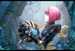 Rule 34 | 1girl, ball, blue eyes, gears, joints, league of legends, letterboxed, orianna (league of legends), pale skin, pepsimen, pink hair, robot, robot joints, short hair, solo, spikes, winding key