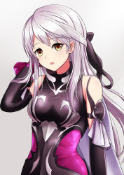 Rule 34 | 1girl, bare shoulders, black gloves, black thighhighs, bow, bracelet, breasts, cape, closed mouth, dress, elbow gloves, fire emblem, fire emblem heroes, gloves, gradient clothes, hair bow, half updo, highres, jewelry, long hair, medium breasts, micaiah (fire emblem), nintendo, official alternate costume, shiny clothes, silver background, silver hair, simple background, sleeveless, sleeveless dress, solo, standing, thighhighs, torn cape, torn clothes, turtleneck, yellow eyes, yuurio-0417