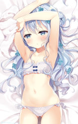 Rule 34 | 1girl, :t, armpits, arms up, bare arms, bare shoulders, blue eyes, blue flower, blue hair, blush, bow, bow bra, bra, breasts, closed mouth, collarbone, flower, frilled bra, frills, gluteal fold, gochuumon wa usagi desu ka?, groin, hair between eyes, hair flower, hair ornament, highres, holding, holding towel, kafuu chino, long hair, lying, navel, neki (wakiko), on back, panties, pout, small breasts, solo, towel, underwear, underwear only, very long hair, white bra, white panties