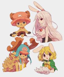 Rule 34 | 1boy, 1girl, alternate form, antlers, blonde hair, bow, bowtie, cape, carrot (one piece), commentary, cross, full body, green cape, hat, highres, horns, long hair, looking ahead, looking at viewer, multiple views, one piece, pink bow, pink hat, profile, rabbit girl, red eyes, reindeer antlers, shirt, short hair, shorts, simple background, sitting, sleeveless, sleeveless shirt, smile, sulong form, tokuura, tony tony chopper, twitter username, upper body, very long hair, white background, white hair