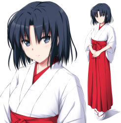 Rule 34 | 1girl, bad id, bad nicoseiga id, black hair, blue eyes, blush, closed mouth, commentary request, fate/grand order, fate (series), full body, hakama, hakama skirt, highres, japanese clothes, kimono, long sleeves, looking at viewer, miko, nori tamago, own hands together, red hakama, ryougi shiki, sandals, shadow, short hair, simple background, skirt, socks, solo, standing, upper body, white background, white footwear, white kimono, white socks, wide sleeves, zoom layer