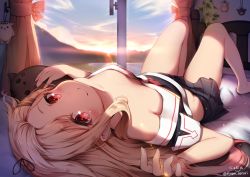 Rule 34 | 10s, 1girl, alternate hairstyle, artist name, bare legs, barefoot, bed, bed sheet, black ribbon, black serafuku, black skirt, blonde hair, blush, breasts, breasts apart, closed mouth, cloud, curtains, downblouse, hair ribbon, hair slicked back, highres, ivy, kantai collection, knees up, lens flare, light rays, long hair, lying, morning, nyum, on bed, plant, pleated skirt, red eyes, ribbon, school uniform, serafuku, short sleeves, signature, skirt, sleeve cuffs, small breasts, smile, solo, stuffed animal, stuffed cat, stuffed toy, sunlight, sunrise, tareme, the yuudachi-like creature, twitter username, yuudachi (kancolle)