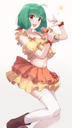 Rule 34 | 1girl, :d, absurdres, ahoge, boots, brown footwear, camisole, detached sleeves, frilled camisole, frills, green hair, hand up, highres, holding, holding microphone, idol, layered skirt, looking at viewer, m/, macross, macross frontier, microphone, midriff, music, navel, open mouth, orange camisole, orange skirt, puffy short sleeves, puffy sleeves, ranka lee, red eyes, red ribbon, ribbon, seikan hikou, short sleeves, simple background, singing, skirt, smile, solo, star (symbol), thighhighs, white background, white thighhighs, wrist ribbon, yanagi marie