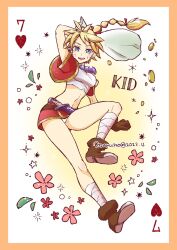 Rule 34 | 1girl, :d, bag, bandages, blonde hair, blue eyes, breasts, card (medium), character name, chrono (series), chrono cross, commentary request, crop top, facial mark, full body, gloves, high ponytail, highres, holding, holding bag, jewelry, kid (chrono cross), legs, long hair, looking at viewer, maruno, medium breasts, midriff, multi-tied hair, navel, necklace, open mouth, panties, pantyshot, ponytail, skirt, smile, solo, teeth, underwear, upper teeth only, vest, white panties