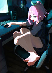 Rule 34 | 1girl, :d, absurdres, aqua eyes, ass, at computer, barefoot, chair, desk, fang, highres, keyboard (computer), looking at viewer, microphone, monitor, mouse (computer), open mouth, original, pink hair, ponytail, sexmiss, sitting, skin fang, smile, solo, speaker