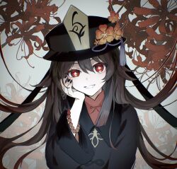 Rule 34 | 1girl, black bow, black coat, black hat, black nails, bow, bracelet, brown hair, coat, collared coat, fingernails, floral background, flower, flower-shaped pupils, genshin impact, gold trim, grey background, hair between eyes, hand on own face, hand up, hat, hat flower, hat ornament, hat ribbon, highres, hu tao (genshin impact), jewelry, long fingernails, long hair, long sleeves, looking at viewer, mamoru (1059), mandarin collar, nail polish, purple ribbon, red eyes, red flower, red shirt, ribbon, shirt, smile, solo, standing, symbol-shaped pupils, tassel, tassel hat ornament, teeth, twintails, wide sleeves, wing collar