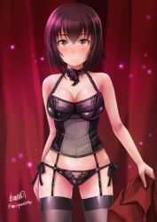Rule 34 | 10s, 1girl, artist name, bad id, bad twitter id, black panties, black thighhighs, blush, breasts, brown eyes, brown hair, bustier, choker, closed mouth, corset, cowboy shot, curtains, garter straps, girls und panzer, haruhata mutsuki, holding, holding clothes, latex, lingerie, looking at viewer, medium breasts, nishizumi maho, panties, shirt, short hair, side-tie panties, signature, solo, standing, thighhighs, twitter username, underwear