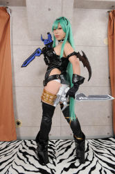 Rule 34 | 1girl, alice (queen&#039;s gate), alice (queen&#039;s gate) (cosplay), alternate color, asian, breasts, choker, cosplay, cosplay photo, dual wielding, gloves, green hair, gun, handgun, high heels, highres, holding, indoors, knife, long hair, looking back, nonone karin, panties, photo (medium), pistol, queen&#039;s blade, queen&#039;s gate, red eyes, shoes, solo, tail, thighhighs, underwear, weapon