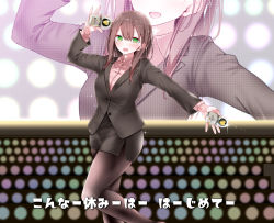 Rule 34 | 1girl, :d, @ @, beer can, black pantyhose, blush, breasts, brown hair, can, drink can, green eyes, long hair, looking at viewer, office lady, ol-chan (oouso), oouso, open mouth, original, pantyhose, pencil skirt, skirt, smile, solo