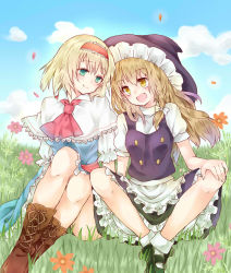 Rule 34 | 2girls, alice margatroid, aqua eyes, blonde hair, bloomers, boots, bow, braid, capelet, cloud, cross-laced footwear, day, flower, grass, hair bow, hairband, hat, kirisame marisa, lace-up boots, long hair, meadow, mimoto (aszxdfcv), multiple girls, short hair, sitting, sky, smile, touhou, underwear, witch hat, yellow eyes