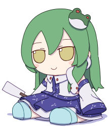 Rule 34 | 1girl, absurdres, bare shoulders, blue footwear, blue skirt, blush stickers, closed mouth, detached sleeves, frog hair ornament, full body, fumo (doll), gohei, green hair, hair between eyes, hair ornament, highres, japanese clothes, kame (kamepan44231), kochiya sanae, long hair, nontraditional miko, one-hour drawing challenge, ribbon-trimmed sleeves, ribbon trim, shoes, simple background, skirt, smile, snake hair ornament, solo, touhou, white background, white sleeves, wide sleeves, yellow eyes