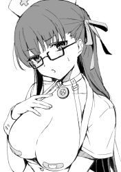 Rule 34 | 1girl, bandaid, bandaids on nipples, bb (bb shot!) (fate), bb (fate), blush, breasts, breasts out, choker, covered erect nipples, dress, fate/extra, fate/extra ccc, fate/grand order, fate (series), glasses, greyscale, hair ribbon, hat, large breasts, long hair, looking at viewer, monochrome, nurse cap, open mouth, pasties, ribbon, short sleeves, sketch, solo, very long hair, vivi (eve no hakoniwa), wrist cuffs