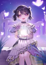 Rule 34 | 1girl, black hair, bug, butterfly, commentary request, double bun, dress, earrings, fangs, fukumaru koito, glowing butterfly, hair bun, hair ornament, hairclip, highres, idolmaster, idolmaster shiny colors, insect, jewelry, layered skirt, looking at viewer, polcoco, purple dress, purple eyes, short hair, sitting, skin fangs, skirt, solo, twintails, white dress