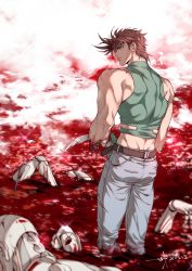 Rule 34 | 1boy, alternate universe, android, blood, brown hair, cloud, crop top, denim, fingerless gloves, gloves, green eyes, highres, humanoid robot, jeans, joseph joestar, joseph joestar (young), male focus, messy hair, midriff, pants, partially submerged, pool of blood, robot, sashiyu, science fiction, severed hand, severed limb, sleeveless, sleeveless turtleneck, solo, spiked hair, turtleneck, wire