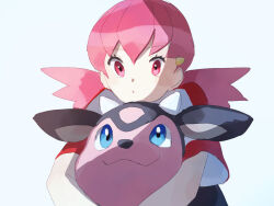 1girl :o closed_mouth commentary creatures_(company) fusenryo game_freak gen_2_pokemon hair_ornament hairclip horns looking_down looking_up miltank nintendo pink_eyes pink_hair pokemon pokemon_(creature) pokemon_hgss red_shirt shirt short_sleeves simple_background smile twintails two-tone_shirt white_shirt whitney_(pokemon)