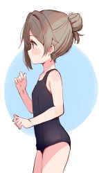 Rule 34 | 1girl, bare arms, bare shoulders, black one-piece swimsuit, blue background, blush, brown hair, closed mouth, from side, hair bun, hand up, highres, meito (maze), old school swimsuit, one-piece swimsuit, original, profile, red eyes, school swimsuit, single hair bun, solo, swimsuit, two-tone background, white background