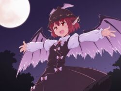 Rule 34 | 1girl, animal ears, bird ears, bird wings, blush, brown dress, brown hat, collared shirt, dress, earrings, full moon, hat, highres, jewelry, long sleeves, mashita (candy apricot), moon, mystia lorelei, open mouth, outstretched arms, pink hair, pink wings, red eyes, shirt, short hair, single earring, sleeve garter, smile, solo, spread arms, touhou, white shirt, winged hat, wings
