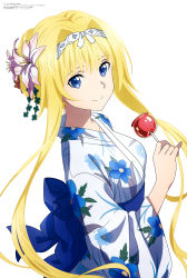 Rule 34 | 1girl, absurdres, alice zuberg, apple, aqua inc., blonde hair, blue eyes, candy apple, closed mouth, floral print, flower, food, fruit, hair flower, hair intakes, hair ornament, hairband, highres, holding, holding food, japanese clothes, kimono, long hair, looking at viewer, megami magazine, obi, official art, sash, sidelocks, smile, solo, standing, sword art online, sword art online: alicization, very long hair, yukata