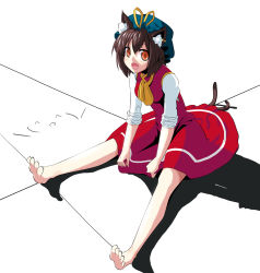 Rule 34 | 1girl, \(^o^)/, animal ears, barefoot, brown hair, cat ears, cat tail, chen, feet, full body, hat, looking at viewer, multiple tails, orange eyes, satou samu, short hair, simple background, sitting, sleeves pushed up, smile, solo, tail, toes, touhou, white background