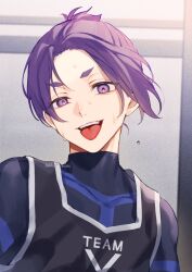 Rule 34 | 1boy, artist name, blue lock, commentary, dekkaimabushi, english text, highres, looking at viewer, male focus, mikage reo, open mouth, purple eyes, purple hair, soccer uniform, solo, sportswear, sweat, teeth, thick eyebrows, tongue, tongue out, upper body, upper teeth only