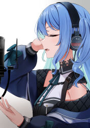 Rule 34 | 1girl, absurdres, arm up, blue hair, blue jacket, choker, closed eyes, facing to the side, from side, hand up, headphones, highres, hololive, hoshimachi suisei, hoshimachi suisei (streetwear), jacket, leo (f mmmnkm paint), long hair, looking ahead, microphone, neck ribbon, off shoulder, open mouth, pop filter, profile, ribbon, shirt, sidelocks, sleeveless, sleeveless shirt, solo, upper body, virtual youtuber, wavy hair, wire