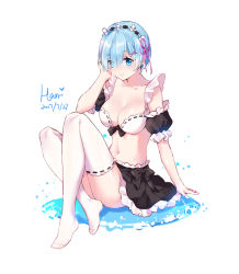 Rule 34 | 10s, 1girl, adapted costume, arm support, bikini, blue eyes, blue hair, blush, breasts, cleavage, dated, detached sleeves, eyes visible through hair, frilled sleeves, frills, front-tie top, hair ornament, hair over one eye, hair ribbon, hand on own cheek, hand on own face, highres, large breasts, looking at viewer, maid, maid bikini, maid headdress, midriff, pink ribbon, re:zero kara hajimeru isekai seikatsu, rem (re:zero), ribbon, short hair, signature, sitting, solo, swimsuit, thighhighs, unconventional maid, white thighhighs, x hair ornament, yuzhi