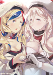 Rule 34 | 2girls, :d, asymmetrical docking, bad id, bad pixiv id, beret, blonde hair, blue eyes, blue hair, breast press, breasts, commandant teste (kancolle), commentary request, dress, gloves, hair between eyes, hat, holding hands, jacket, juurouta, kantai collection, large breasts, long hair, looking at viewer, mole, mole under eye, mole under mouth, multicolored hair, multiple girls, open mouth, red hair, richelieu (kancolle), smile, strapless, strapless dress, streaked hair, twitter username, white hair, yellow eyes