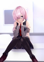Rule 34 | 1girl, black-framed eyewear, black pantyhose, blurry, blurry background, breasts, commentary request, depth of field, fate/grand order, fate (series), glasses, hair over one eye, head rest, highres, indoors, large breasts, light purple hair, long sleeves, looking at viewer, mash kyrielight, off shoulder, panties, panties under pantyhose, pantyhose, purple eyes, red neckwear, rikudou inuhiko, short hair, sitting, smile, solo, underwear, white panties