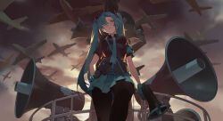 Rule 34 | 1girl, :|, absurdres, aircraft, airplane, aqua eyes, aqua gloves, aqua hair, aqua skirt, armband, black pantyhose, black shirt, breasts, closed mouth, collared shirt, commentary request, feet out of frame, from below, gloves, hair ornament, hand on own hip, hatsune miku, highres, holding, holding megaphone, koi wa sensou (vocaloid), lamser, long hair, looking at viewer, looking down, medium breasts, megaphone, outdoors, pantyhose, pleated skirt, shirt, short sleeves, skirt, solo, standing, swept bangs, twintails, vocaloid