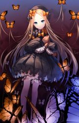 Rule 34 | 1girl, abigail williams (fate), bad id, bad twitter id, black bow, blue eyes, bow, bug, butterfly, closed mouth, expressionless, eyebrows, fate/grand order, fate (series), forehead, hair bow, highres, bug, long hair, long sleeves, looking at viewer, orange bow, pompitz, sleeves past wrists, solo, stuffed animal, stuffed toy, teddy bear