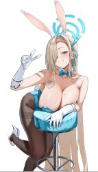 Rule 34 | 1girl, animal ears, asuna (blue archive), asuna (bunny) (blue archive), bar stool, blue archive, blue eyes, blue leotard, bow, bowtie, breasts, detached collar, fake animal ears, gloves, grin, hair over one eye, halo, high heels, large breasts, leotard, long hair, looking at viewer, mole, mole on breast, official alternate costume, pantyhose, playboy bunny, rabbit ears, smile, standing, standing on one leg, stool, strapless, v, white gloves, zi se