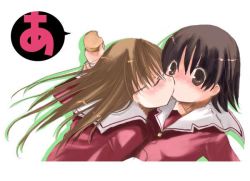 Rule 34 | 2girls, a (phrase), azumanga daiou, blush, brown hair, kiss, mizuhara koyomi, multiple girls, school uniform, serafuku, takino tomo, yuri