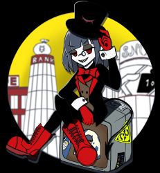 Rule 34 | 1girl, arm up, arrow (symbol), black hat, black jacket, black pantyhose, black shirt, blurry, blurry background, boots, bow, bowtie, brown vest, building, commentary request, cross-laced footwear, crossed legs, demon tail, depth of field, drop shadow, evil grin, evil smile, full body, gloves, grey hair, grin, gyari (bird), hand on headwear, hat, highres, jacket, jitomi monoe, kagami mochi (mochi 11ka), lace-up boots, long hair, long sleeves, looking at viewer, moneybag, pantyhose, red bow, red bowtie, red eyes, red footwear, red gloves, ringed eyes, sharp teeth, shirt, smile, solo, tail, teeth, top hat, topless, v-shaped eyebrows, vest, virtual youtuber, voms, yen sign