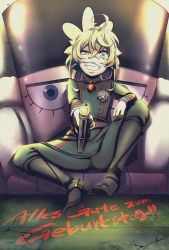 Rule 34 | 1girl, birthday, blonde hair, blue eyes, boots, cross, evil smile, female focus, full body, grin, highres, holding, iron cross, looking at viewer, military, military uniform, no gloves, pointing, short hair, sitting, smile, soldier, solo, spread legs, tanya degurechaff, teeth, uneven eyes, uniform, youjo senki