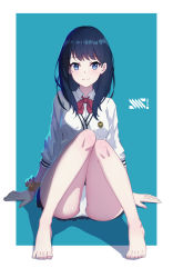 Rule 34 | 10s, 1girl, barefoot, black hair, blue background, blue eyes, blush, bow, bowtie, cardigan, closed mouth, copyright name, full body, gridman universe, highres, knees together feet apart, legs, long sleeves, looking at viewer, orange scrunchie, panties, red bow, red bowtie, scrunchie, shirt, short hair, simple background, sitting, smile, solo, ssss.gridman, takarada rikka, underwear, user evv5870, white cardigan, white panties, white shirt, wrist scrunchie