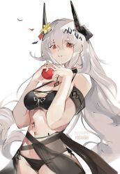 Rule 34 | 1girl, absurdres, apple, arknights, armlet, artist name, bare shoulders, bikini, black bikini, black choker, black ribbon, breasts, choker, cleavage, cmdr saturn, cowboy shot, flower, food, food on face, fruit, grey hair, hair flower, hair ornament, highres, holding, holding food, holding fruit, horns, jewelry, long hair, looking at viewer, material growth, medium breasts, mudrock (arknights), mudrock (silent night) (arknights), navel, necklace, official alternate costume, oripathy lesion (arknights), petals, red eyes, ribbon, see-through, side-tie bikini bottom, simple background, smile, solo, swimsuit, very long hair, white background, yellow flower