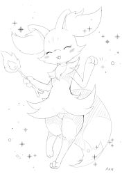 Rule 34 | 1girl, :3, ^ ^, animal ear fluff, animal ears, animal feet, animal hands, animal nose, blush, body fur, braixen, closed eyes, creatures (company), dated, female focus, fire, flat chest, fox ears, fox girl, fox tail, full body, furry, furry female, game freak, gen 6 pokemon, greyscale, hands up, happy, holding, holding stick, kajiura, monochrome, nintendo, open mouth, pokemon, pokemon (creature), simple background, sketch, smile, snout, solo, sparkle, standing, stick, tail, white background