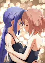Rule 34 | 2girls, aayh, bare arms, bare shoulders, black dress, blue eyes, blue hair, blush, breasts, brown hair, closed mouth, commentary request, dress, closed eyes, facing another, koisuru asteroid, konohata mira, long hair, looking at another, low twintails, manaka ao, multiple girls, parted lips, signature, sleeveless, sleeveless dress, small breasts, strapless, strapless dress, twintails, upper body, very long hair, yuri