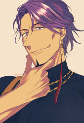 Rule 34 | 1boy, black shirt, duryodhana (fate), earrings, facial hair, fate/grand order, fate (series), goatee, hand on own face, jewelry, looking at viewer, male focus, mature male, necklace, purple eyes, purple hair, sash, shirt, short hair, shoulder sash, signature, simple background, single earring, smile, white background, yuuzuki230