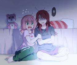 Rule 34 | 2girls, arm grab, bang dream!, barefoot, bed, black shirt, clothes writing, commentary request, crossed arms, flying sweatdrops, green eyes, green pants, indian style, long hair, low twintails, messy hair, multiple girls, on floor, pants, pillow, pink hair, pink shirt, re ghotion, red hair, scared, shirt, short twintails, shorts, sitting, stuffed animal, stuffed toy, t-shirt, tears, teddy bear, turn pale, twintails, udagawa tomoe, uehara himari, watching television, yokozuwari